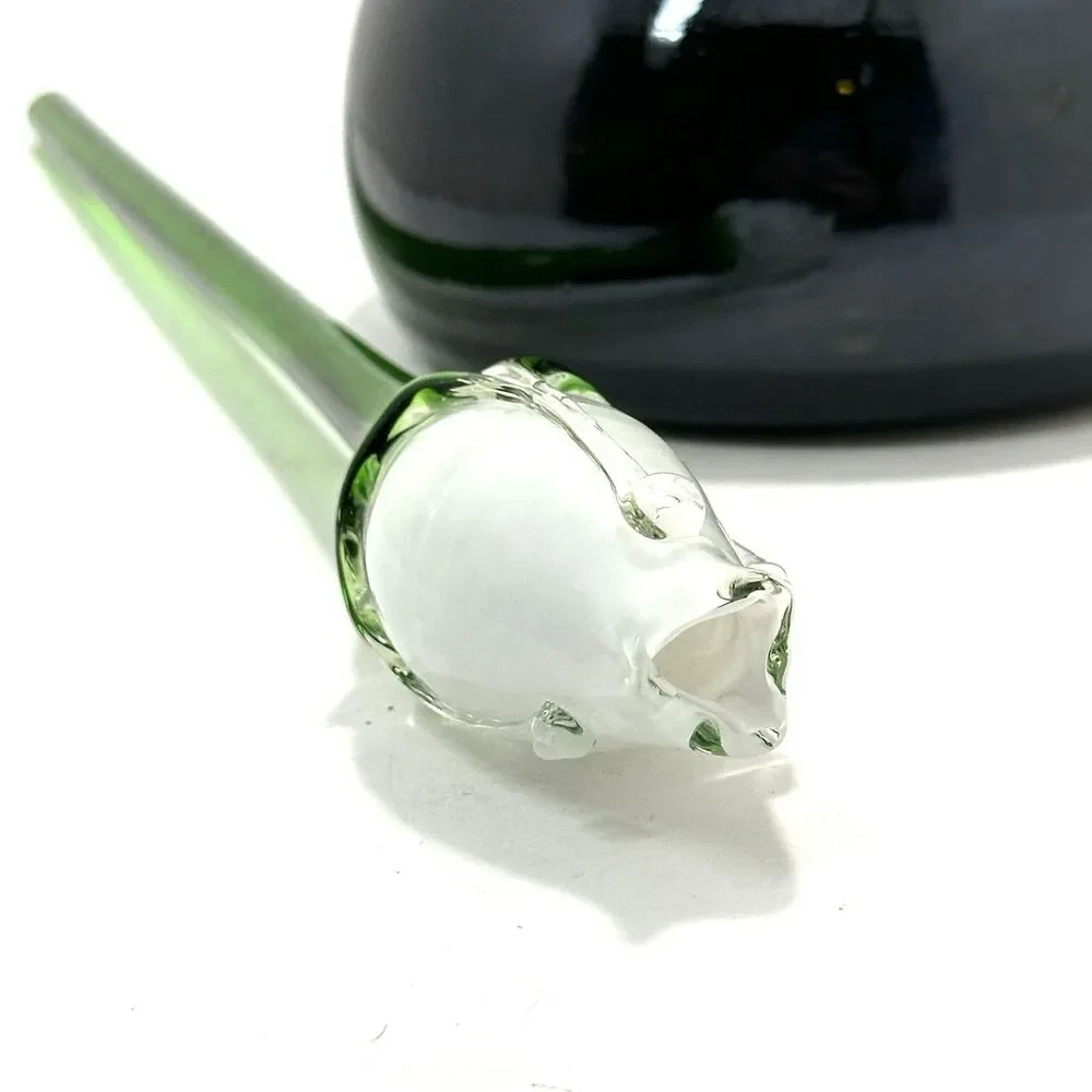 Hand Blown Glass White Rosebud 12” – Long Stem Collectible Figurine